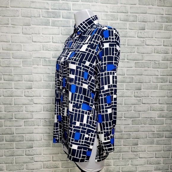 Vintage 90s Liz Baker Womens M Black Blue Abstract Geo Button Front Blouse L/S - Picture 4 of 6